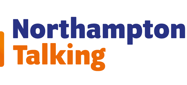 Logo with two overlapping speech bubbles on the left, one blue and one orange. To the right, the text "Northamptonshire Talking" is written, with "Northamptonshire" in blue and "Talking" in orange.