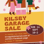 Poster for Kilsby Garage Sale on Sunday, September 14, from 10 am to 2 pm. Illustrated woman and man with clothes and signs. Event details and contact info included at the bottom with colorful floral borders.