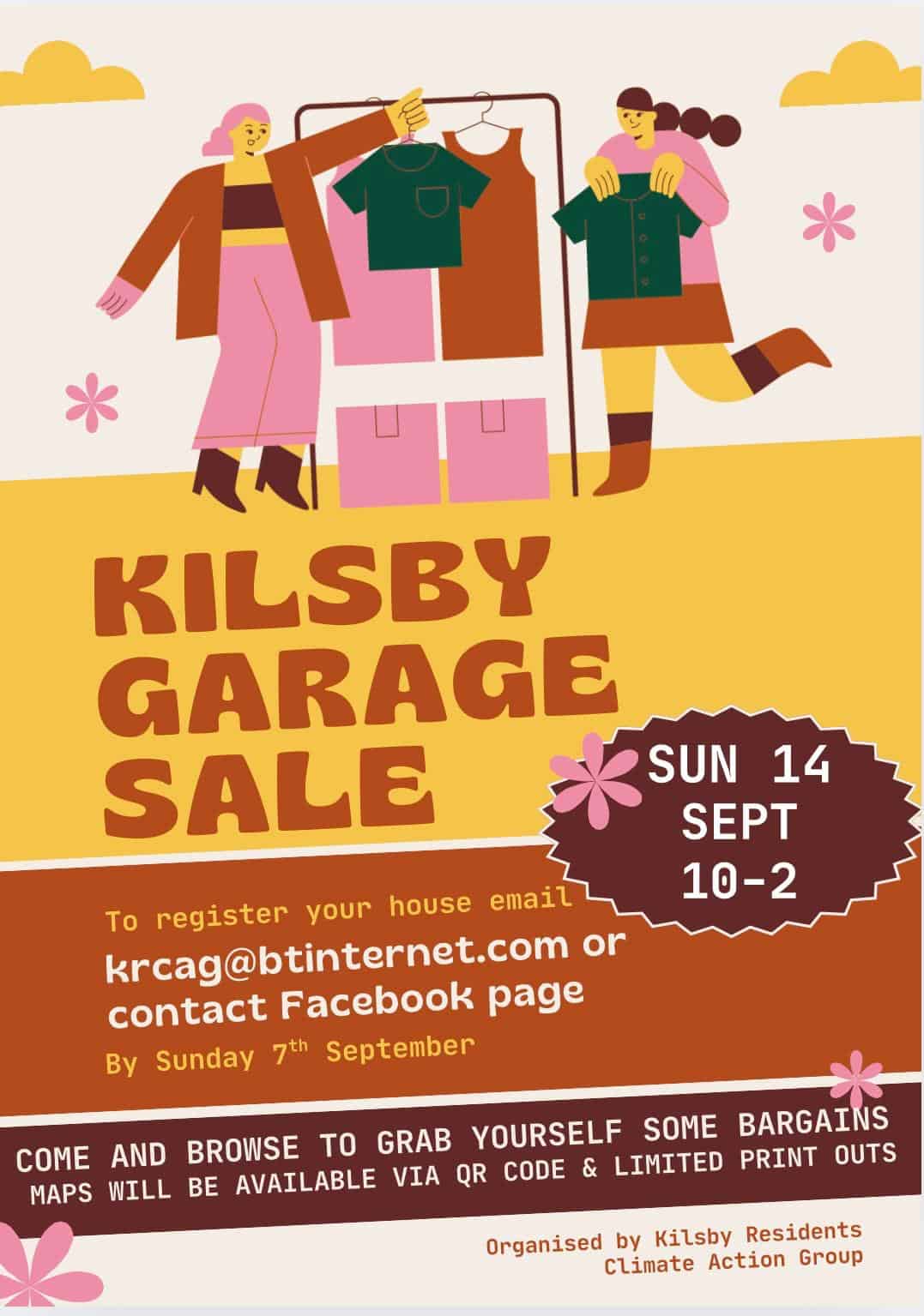 Poster for Kilsby Garage Sale on Sunday, September 14, from 10 am to 2 pm. Illustrated woman and man with clothes and signs. Event details and contact info included at the bottom with colorful floral borders.