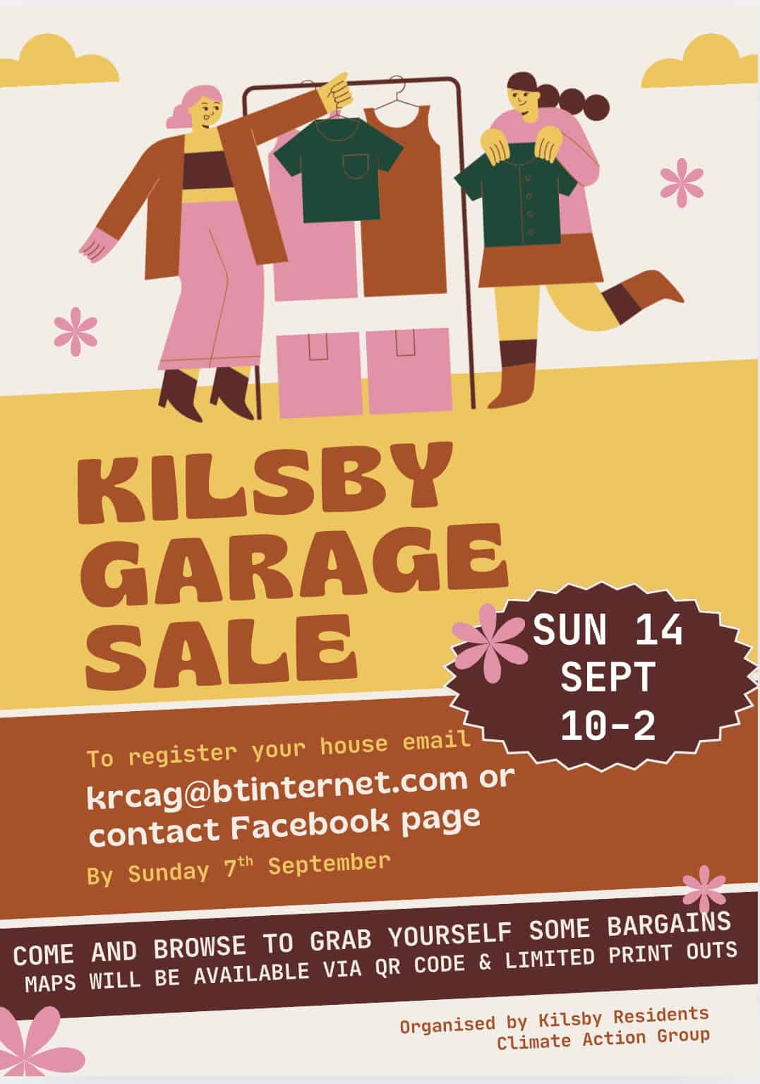 A colorful poster advertises the Kilsby Garage Sale on Sunday, 14th September, 10–2. It features a woman hanging clothes, and provides contact details for registration and event info at the bottom.