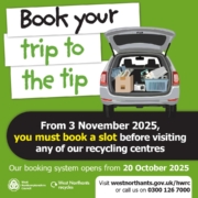 Graphic showing a car loaded with items in its trunk, with text about booking a slot to visit recycling centres in West Northamptonshire starting from 3 November 2025. Booking opens 20 October 2025.