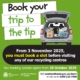 Graphic showing a car loaded with items in its trunk, with text about booking a slot to visit recycling centres in West Northamptonshire starting from 3 November 2025. Booking opens 20 October 2025.