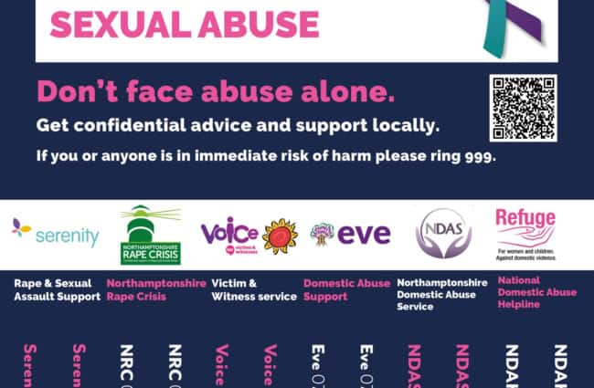 Poster offering support for survivors of domestic and sexual abuse. Includes helplines, logos, a purple and teal ribbon, and a QR code. Main text: “Don’t face abuse alone.” Lists support organizations and phone numbers.