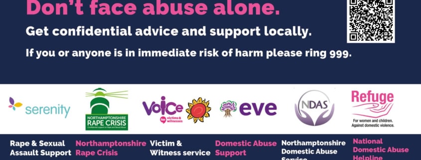 Poster offering support for survivors of domestic and sexual abuse. Includes helplines, logos, a purple and teal ribbon, and a QR code. Main text: “Don’t face abuse alone.” Lists support organizations and phone numbers.