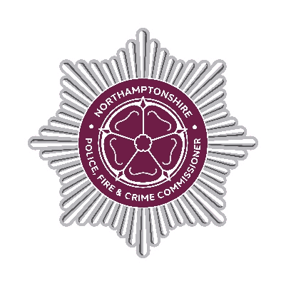 A silver star-shaped badge with a maroon centre, featuring a rose and the words "Northamptonshire Police, Fire & Crime Commissioner" around the edge.