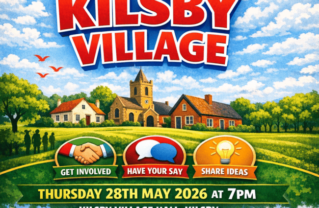 Colourful poster for the Kilsby Village annual meeting, featuring villagers talking outside a hall, with trees, houses, and a church. Banner invites all to join on 28 May 2026 at 7pm to meet councillors and share ideas.