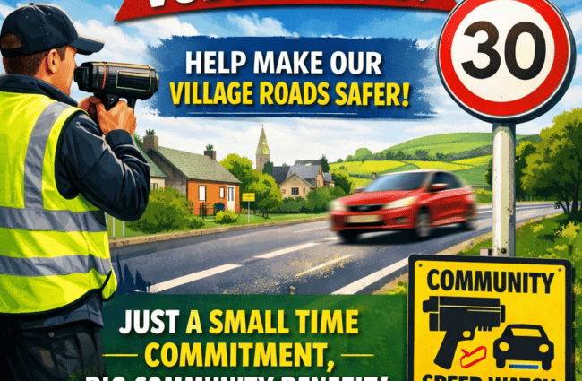 A colourful poster calls for “Speed Watch Volunteers” to help make village roads safer. It shows a person using a speed gun, a 30 mph sign, and contact details for volunteering at Kilsby Parish Council.