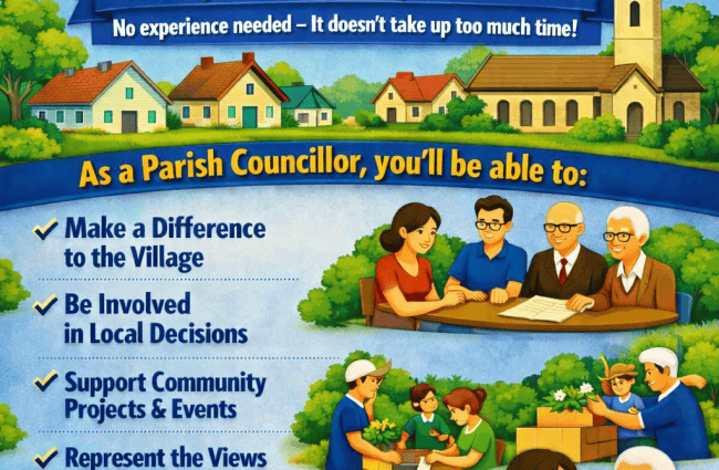 A colourful poster advertises a Kilsby Parish Council councillor vacancy, highlighting meeting times, benefits of joining, and contact details. Illustrated people are shown discussing and volunteering in a village community setting.