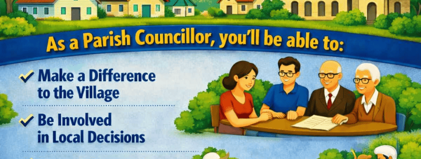 A colourful poster advertises a Kilsby Parish Council councillor vacancy, highlighting meeting times, benefits of joining, and contact details. Illustrated people are shown discussing and volunteering in a village community setting.