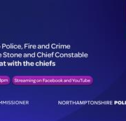 Two people sit at microphones in a studio. Text invites viewers to ask questions live to police and fire chiefs on Tuesday, 29th September, 6:30–8pm, streaming on Facebook and YouTube.