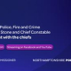 Two people sit at microphones in a studio. Text invites viewers to ask questions live to police and fire chiefs on Tuesday, 29th September, 6:30–8pm, streaming on Facebook and YouTube.