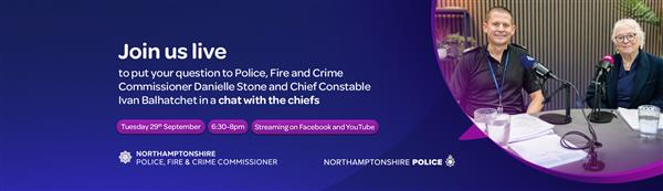 Two people sit at microphones in a studio. Text invites viewers to ask questions live to police and fire chiefs on Tuesday, 29th September, 6:30–8pm, streaming on Facebook and YouTube.