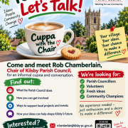 Promotional flyer for Kilsby Parish Council inviting residents to meet Chair Rob Chamberlain for a community conversation, including contact details and a QR code for more information.