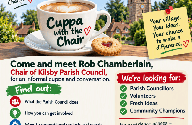 Promotional flyer for Kilsby Parish Council inviting residents to meet Chair Rob Chamberlain for a community conversation, including contact details and a QR code for more information.
