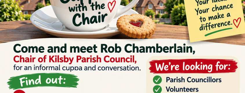 Promotional flyer for Kilsby Parish Council inviting residents to meet Chair Rob Chamberlain for a community conversation, including contact details and a QR code for more information.